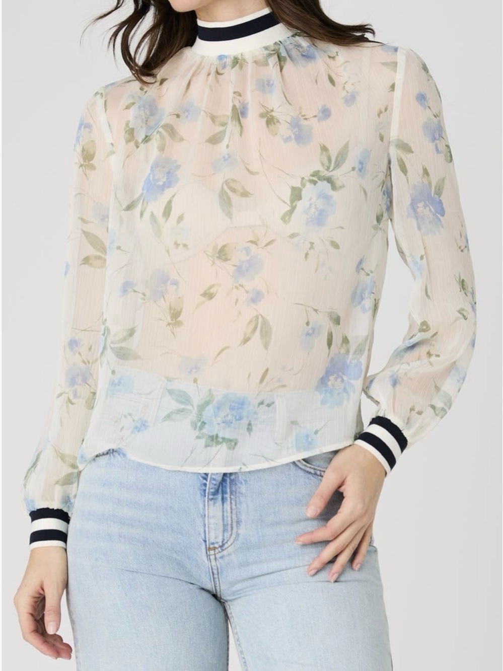 French Connection Eloise Sheer Floral Mock-Neck Blouse. Size XL